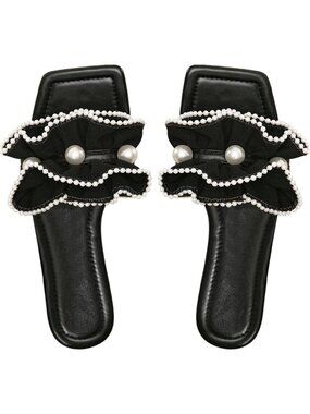Women's Black Summer Ruffle Pearl Wedding Square Toe Slip on Slides Flat Slipper